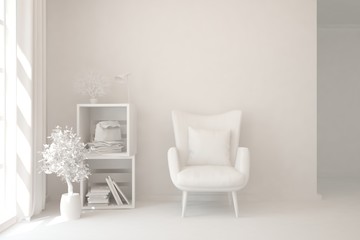Mock up of stylish room in white color with armchair. Scandinavian interior design. 3D illustration