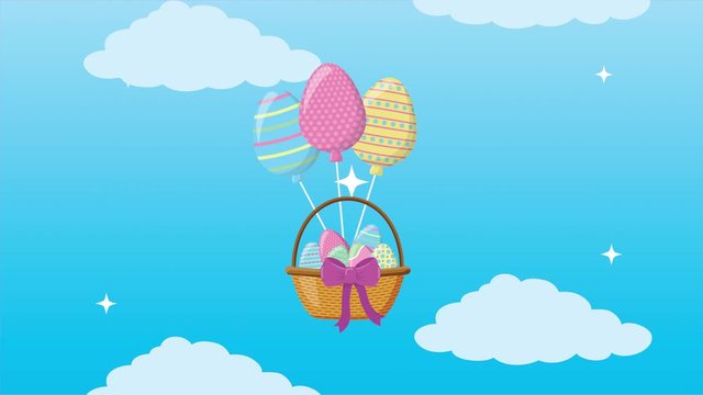 easter animated card with eggs in basket floating in balloons helium