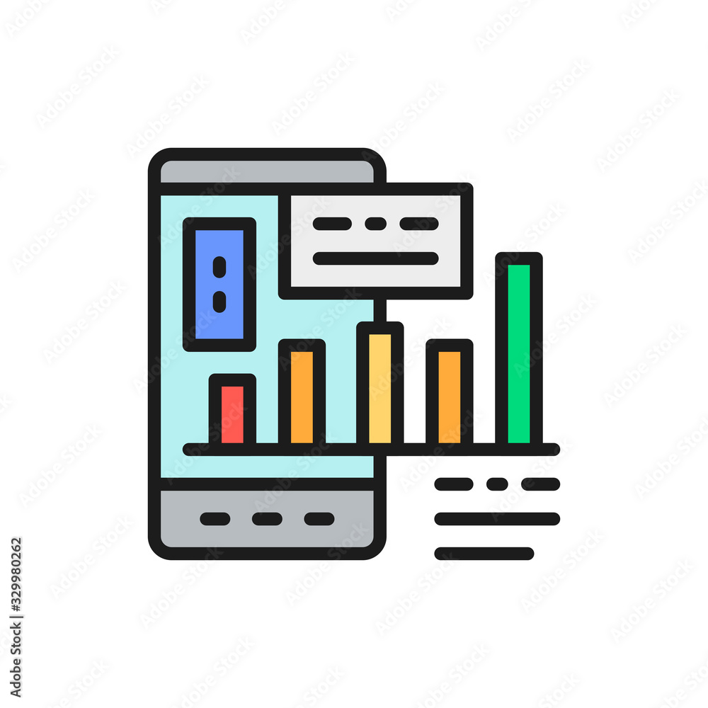 Poster phone with charts and graphs, mobile presentation flat color line icon.