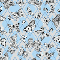 Seamless beautiful black and white pattern with butterfly. Hand-drawn contour lines and strokes. Print for fabric, paper and background.