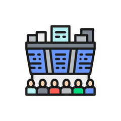 People looks at stock market prices on a display board flat color line icon.