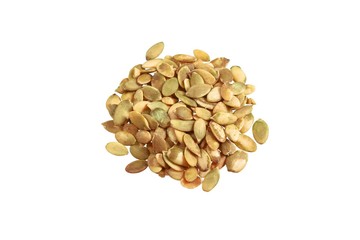 Peeled pumpkin seeds isolated on white background.