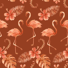 Exotic tropical seamless pattern with flamingo, hibiscus and palms leaves. Burnt orange hawaiian background with gold glitter texture. Watercolor hand painted illustration
