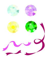 Faceted Rhinestones and Swirling Ribbon Designs, Azure Rhinestone, Pink, Yellow and Jade colored Rhinestones