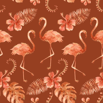 Exotic Tropical Seamless Pattern With Flamingo, Hibiscus And Palms Leaves. Burnt Orange Hawaiian Background With Gold Glitter Texture. Watercolor Hand Painted Illustration