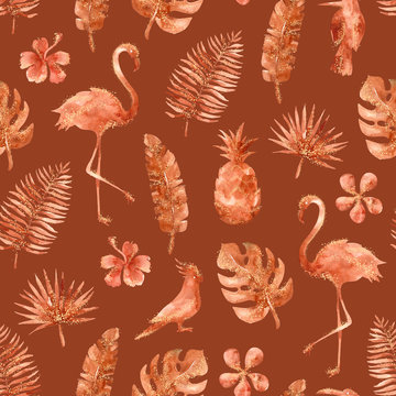 Burnt Orange Hawaiian Seamless Pattern With Flamingo And Palms Leaves. Tropical Background With Gold Glitter Texture. Terracotta Hand Painted Illustration For Wrapping Paper, Textile, Wallpaper Design