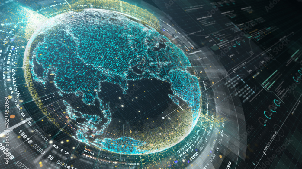Poster Futuristic motion graphic user interface head up display screen with Holographic Earth and digital data telemetry information display for digital background computer desktop display screen