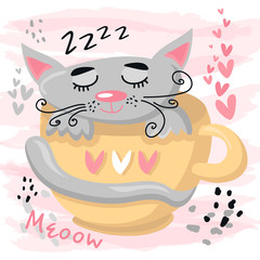 Cute sleeping cat baby animal. Nursery vector cartoon sleep animal grey cat, cute print illustration. Adorable gray and pink hand drawn Nurseries pet. Handpainted naive baby sleeping animal background