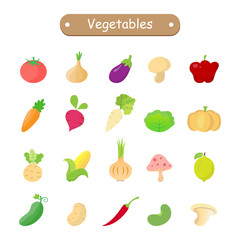 Vegetables icon (lemon ,tomato ,pumpkin ,eggplant ,carrot ,mushroom ,cucumber ,onion ,bean ,chickpea ,potato ,cabbage ,radish ,zucchini ,garlic ,beetroot ,corn ,bell pepper) isolated on white.