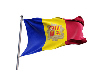Andorra flag waving on white background, close up, isolated – 3D Illustration