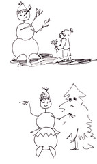 graphic black and white drawing of an adventure boy and a snowman