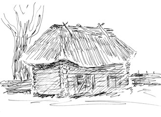 graphic linear black and white drawing of a rustic house with a thatched roof