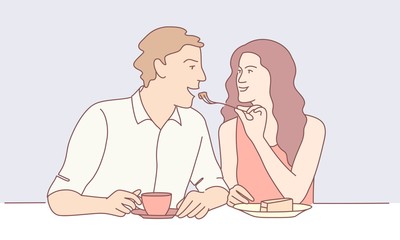 Hand drawn vector illustration of woman feeds a man. Romantic couple. 