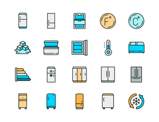 Set of Fridge Flat Color Line Icons. Freezer, Refrigerator, Ice Cubes and more.