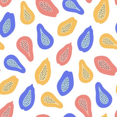 Pattern with colorful hand drawn papaya. Halves of papaya. Seamless design for fabric, wrapping or wallpaper. Vector illustration on white background