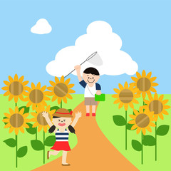 ひまわり畑・子供・夏休みのイラスト