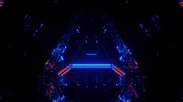Moving into infinity multicolored illuminated tunnel with triangular shape walls. Animation used for VJ, discos and nightclubs.