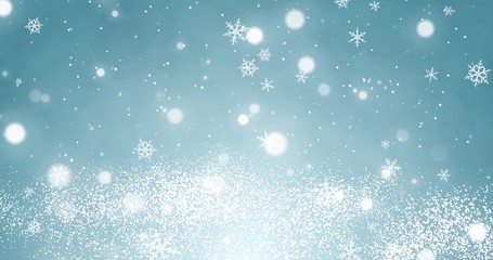 Snowflakes and bokeh lights on the blue Merry Christmas background. 3D rendering 3D illustration