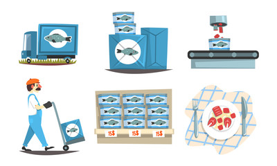 Seafood Production Steps Set, Fishing Vessel and Factory Equipment Vector Illustration on White Background