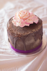 Chocolate cake with pink flower on the top