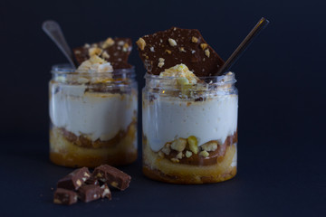 Two pieces of white cream with chocolate