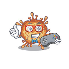 Cool gamer of retro virus corona mascot design style with controller