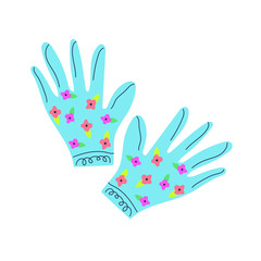 Hand drawn gloves with flowers pattern, flat vector illustration for gardening, farm, spring, summer, home working design.