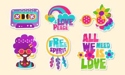 Fototapeta premium Colorful Retro Hippie Patches Collection, Bright Vintage Stickers Vector Illustration
