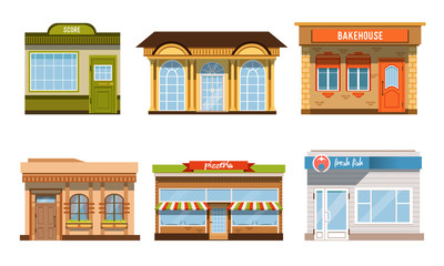 City Buildings Facades Collection, Pizzeria, Fresh Fish, Score, Bakehouse Vector Illustration