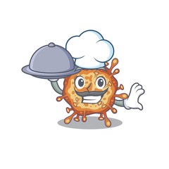 Retro virus corona as a chef cartoon character with food on tray