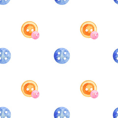 Seamless pattern with buttons Hand drawn watercolor illustration. Tools for needlework. Sewing  or knitting pattern