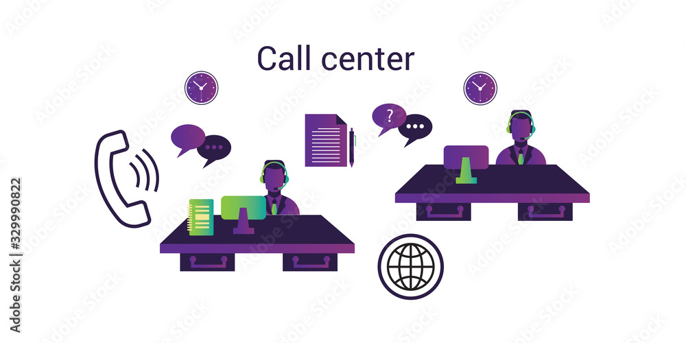 Poster call center operators at work flat vector concept