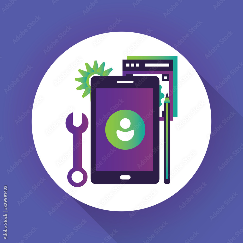 Poster app development and web design: layered user interfaces and screens on a touch screen smartphone