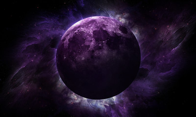 abstract space illustration, 3d image, purple moon in space and the shining of stars in the nebula