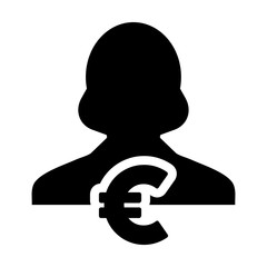 Bank icon vector female user person profile avatar with Euro sign currency money symbol for banking and finance business in flat color glyph pictogram illustration