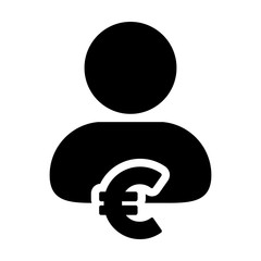 Currency icon vector male user person profile avatar with Euro money symbol for banking and finance business in flat color glyph pictogram illustration