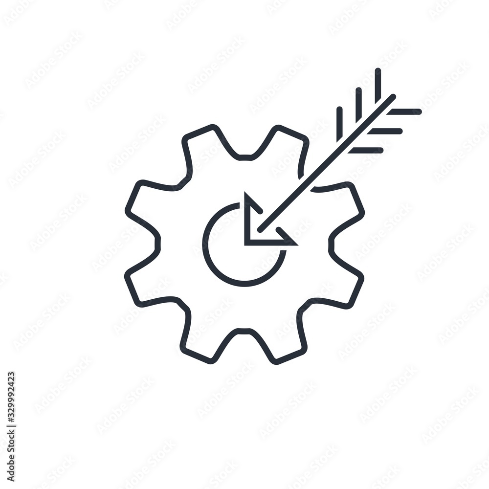 Poster gear and arrow. choose a productive technology, process, program. vector linear icon isolated on whi