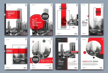 Abstract binder layout. White a4 brochure cover design. Fancy info text frame. Creative ad flyer font. Title sheet model set. Modern vector front page. Elegant city banner. Red figures icon fiber