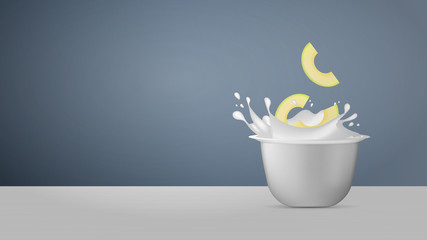 White plastic cup with yogurt and chopped avocado. Gray background with place for text. Vector illustration