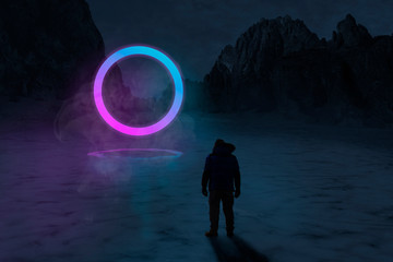 Man looking at neon light of dimensional gate, ice lake at night with mountains in purple and blue tones, futuristic night image for background