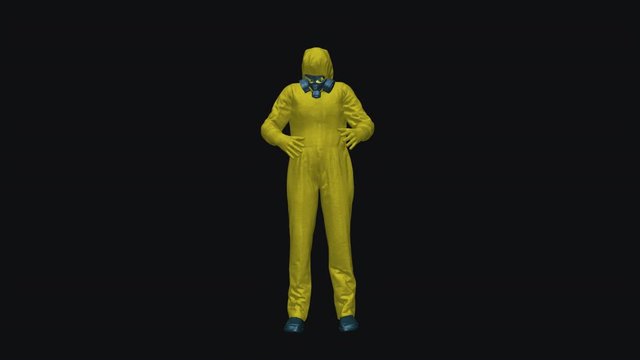 Pandemic danger panic scene with one man in yellow hazmat suit and gas mask loosing mind in virus phobia. 