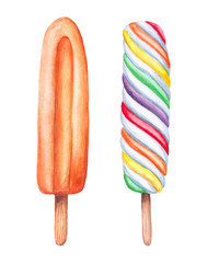 Set of watercolor ice cream on a stick. Hand painted.