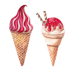 Watercolor ice cream in waffle cone isolated on white background. Hand drawn illustration.