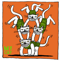 Image of four cats acrobats, pyramid. Calligraphy. Color vector illustration. It can be used in social networks, for articles, publications, postcards, prit, poster.