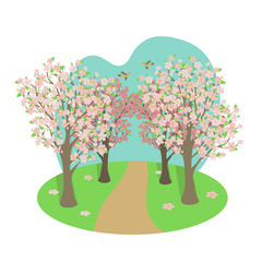 Spring blossom garden or forest.  Pink trees sakura or cherry on green lawn and small bird on blue sky spot background.  Bright illustration in flat style. 