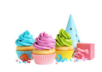 Delicious birthday cupcakes, gift and party cap on white background