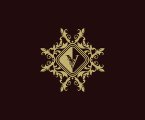 Luxury logo design with initial V. Elegant flourishes V Letter. Border carved frame logo template. Vintage vector element.