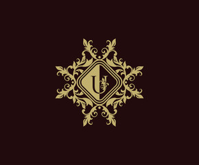 Luxury logo design with initial U. Elegant flourishes U Letter. Border carved frame logo template. Vintage vector element.