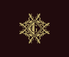 Luxury logo design with initial G. Elegant flourishes G Letter. Border carved frame logo template. Vintage vector element.