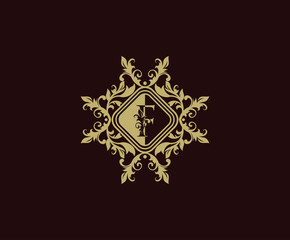 Luxury logo design with initial F. Elegant flourishes F Letter. Border carved frame logo template. Vintage vector element.